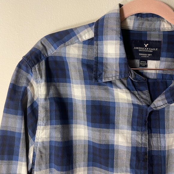 🔥 American Eagle Outfitters | Blue Plaid Seriously Soft Long-Sleeve Shirt M - Picture 4 of 5